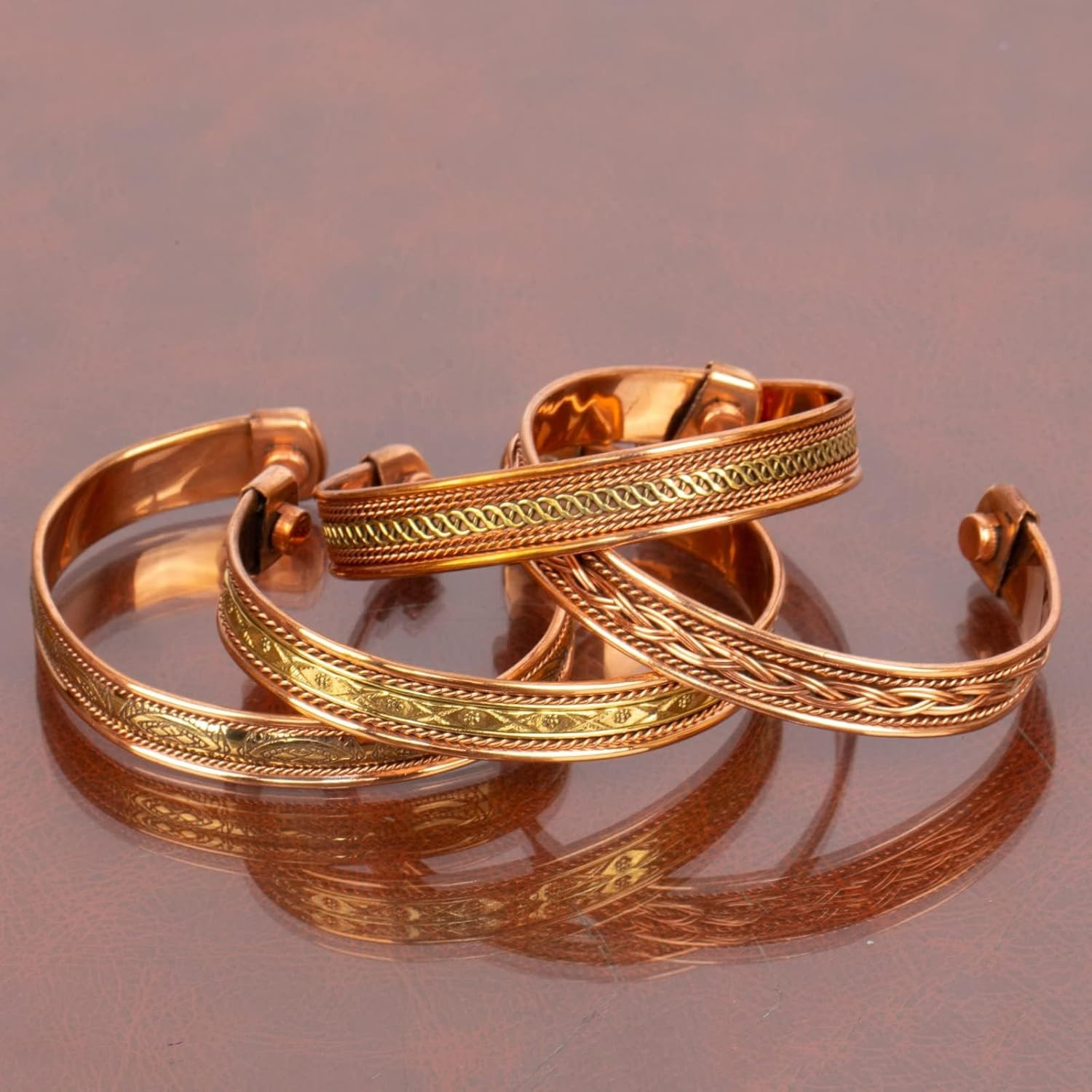 Pure Copper Set of 4 Tibetan Bracelets Handmade Cuff Bangle for Men and Women Ad