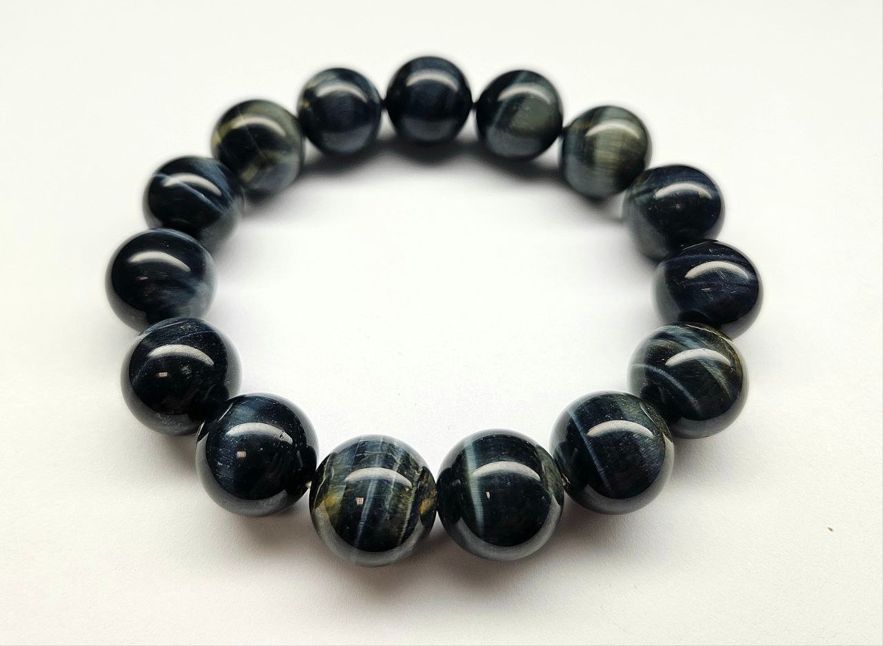 Natural Blue Tiger’s Eye Beaded Bracelet – Color-Changing Stone – 16mm