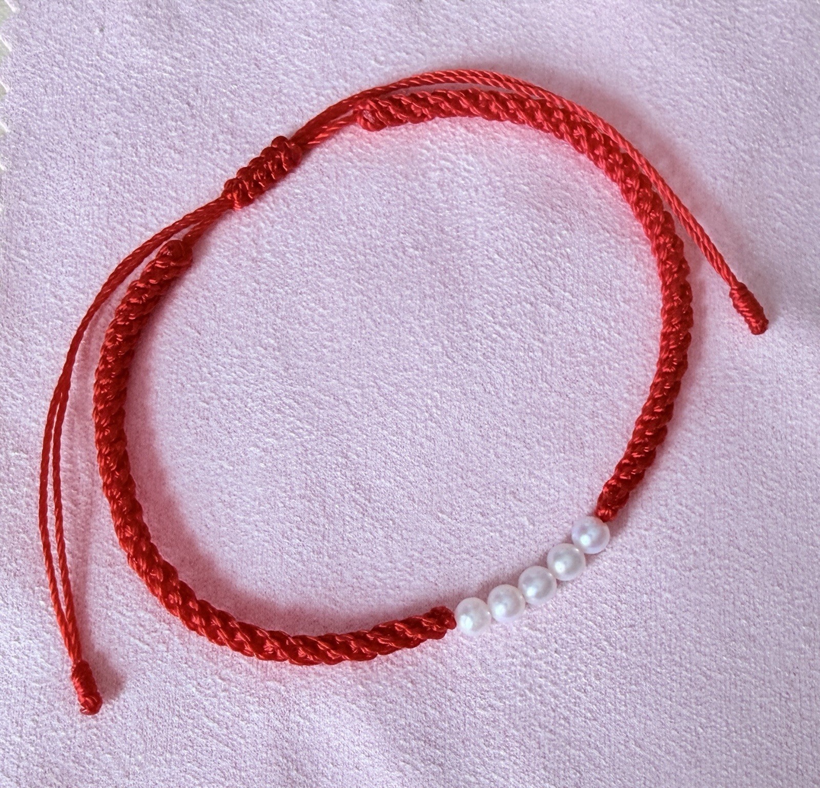 Red Braided Cord Beaded 15 CM Adjustable Slide Bracelet Natural Pearls Handmade
