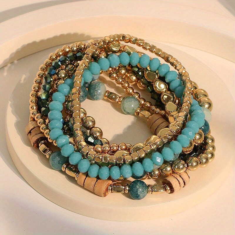 9 Boho Beaded Bracelet Set Blue Color Multi-Layer Stretch Stackable Bracelet