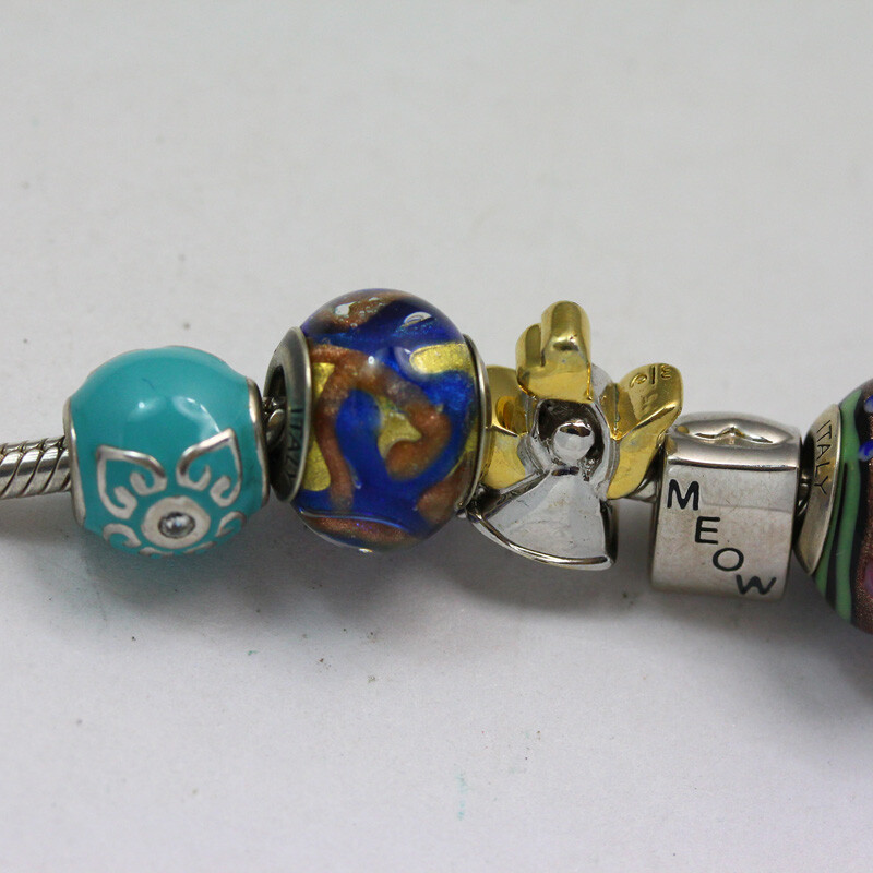 Sterling Silver 8 Inch Long Mixed Bead Rhinestone Glass Enamel Charm Bracelet