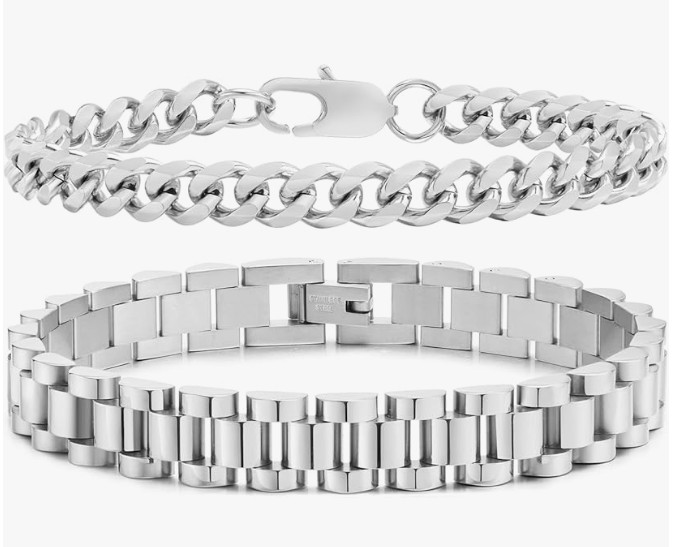 VNOX 2 Pcs Stainless Steel Cuban Link Chain Bracelets for Men and Women 6.5”