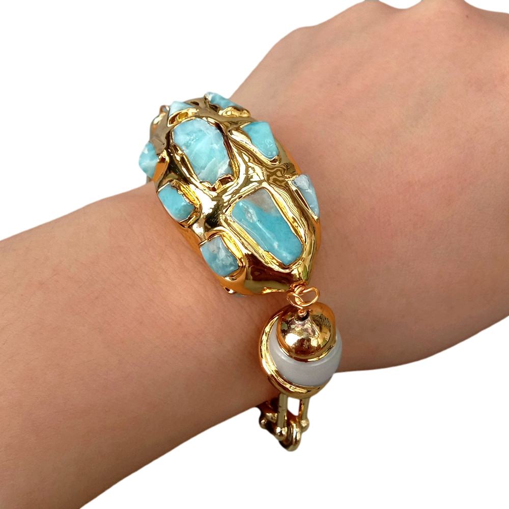 8″ Cultured White Keshi Pearl Blue Larimar Gold Plated Chain Bracelet