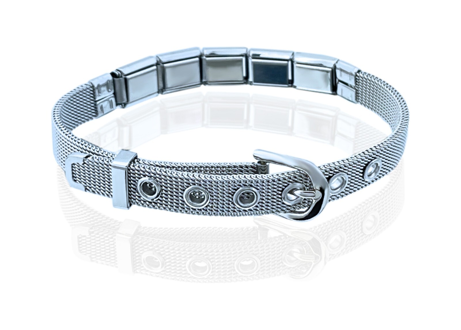9mm Italian Charm Buckle Mesh Stainless Steel Starter Bracelet 9″ Adjustable