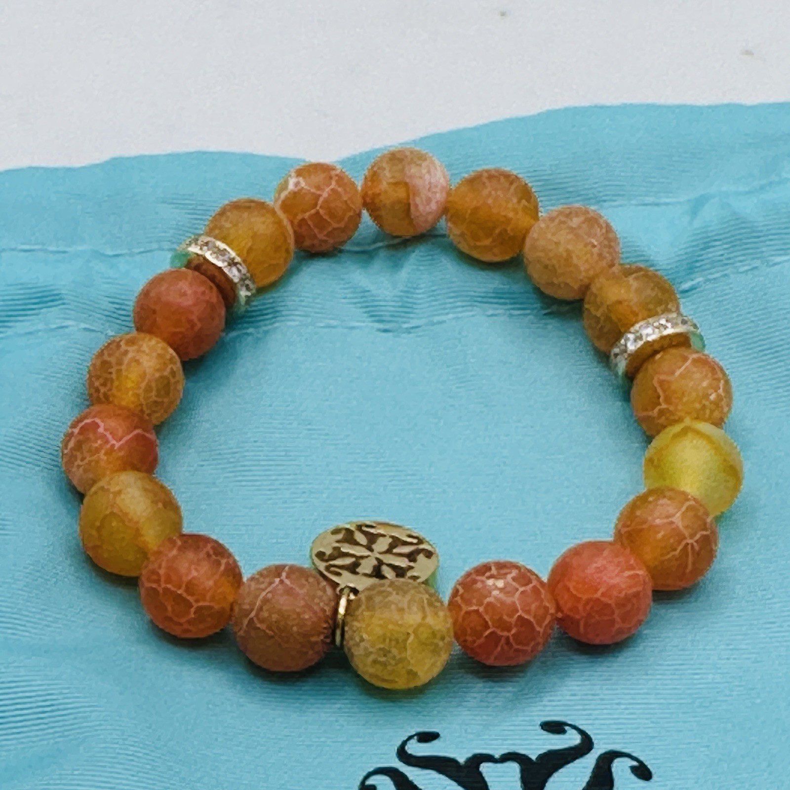 Rustic Cuff Summer Sunset Bracelet Stack 5 Pc Orange Blue Crystal Charm