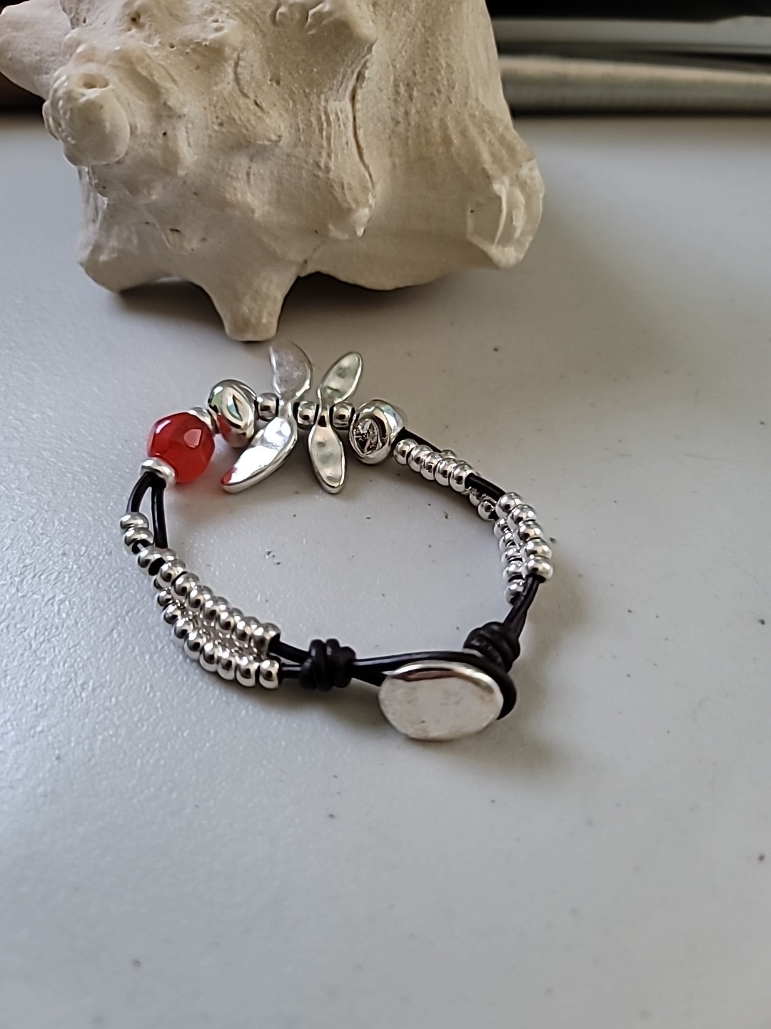 Red Hot beaded silver plated Double Layer Dragonfly Bracelet Uno De 50 Style