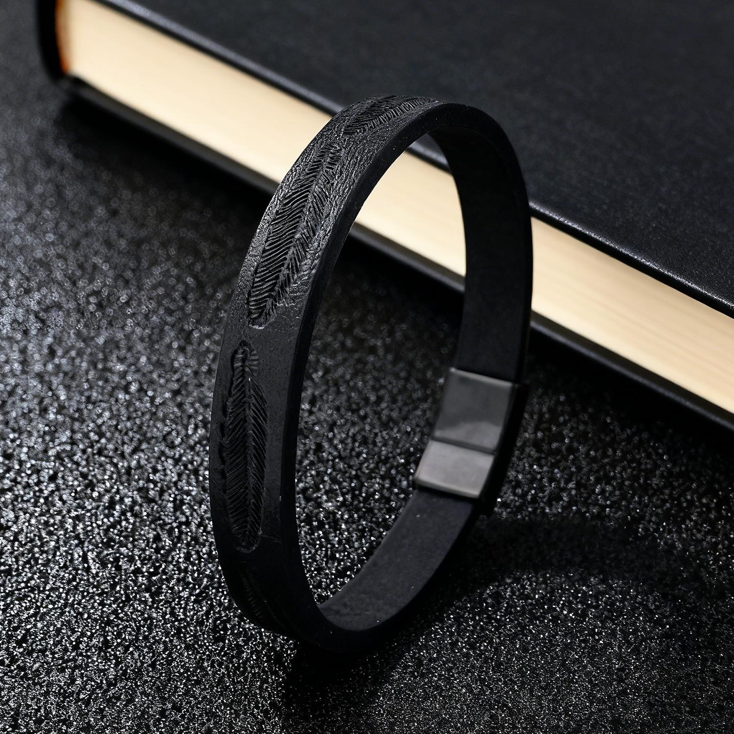 Feather Pattern Leather Cord Bracelet Unisex Minimalist Bohemian Jewelry