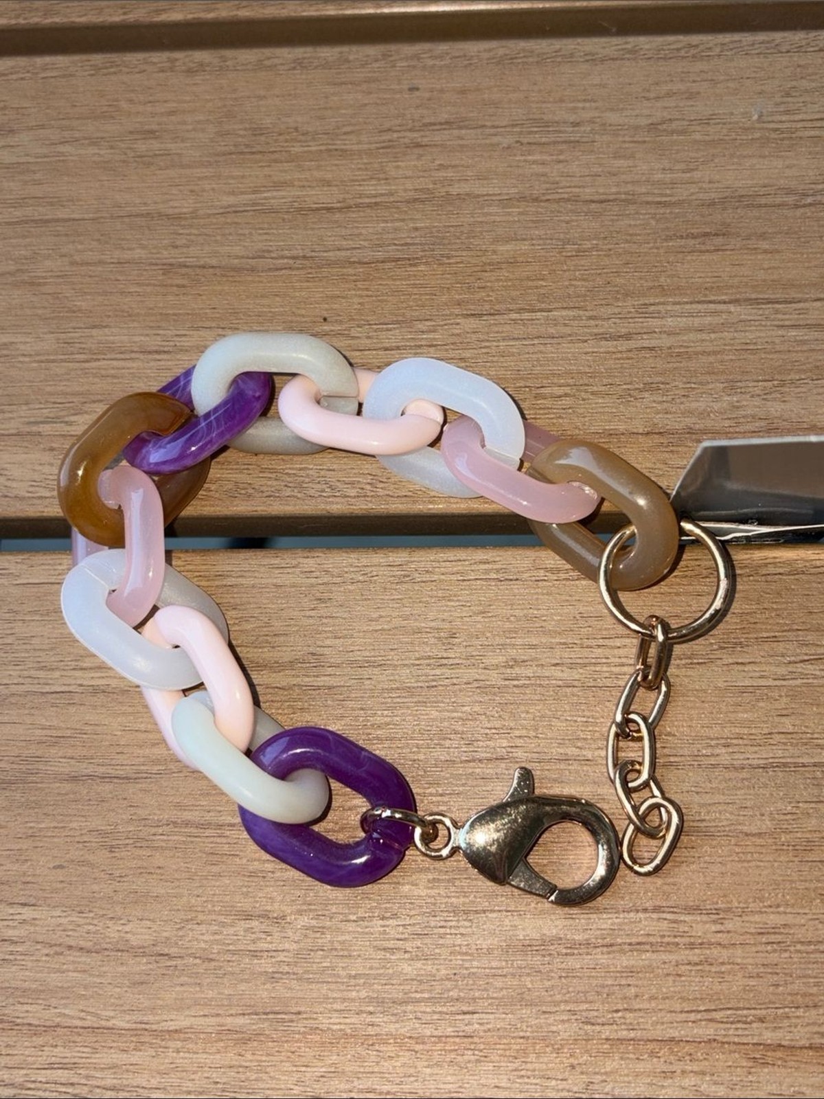 Acrylic Link Charm Bracelet in Purple, Pink & Cream with Gold Clasp, NWT