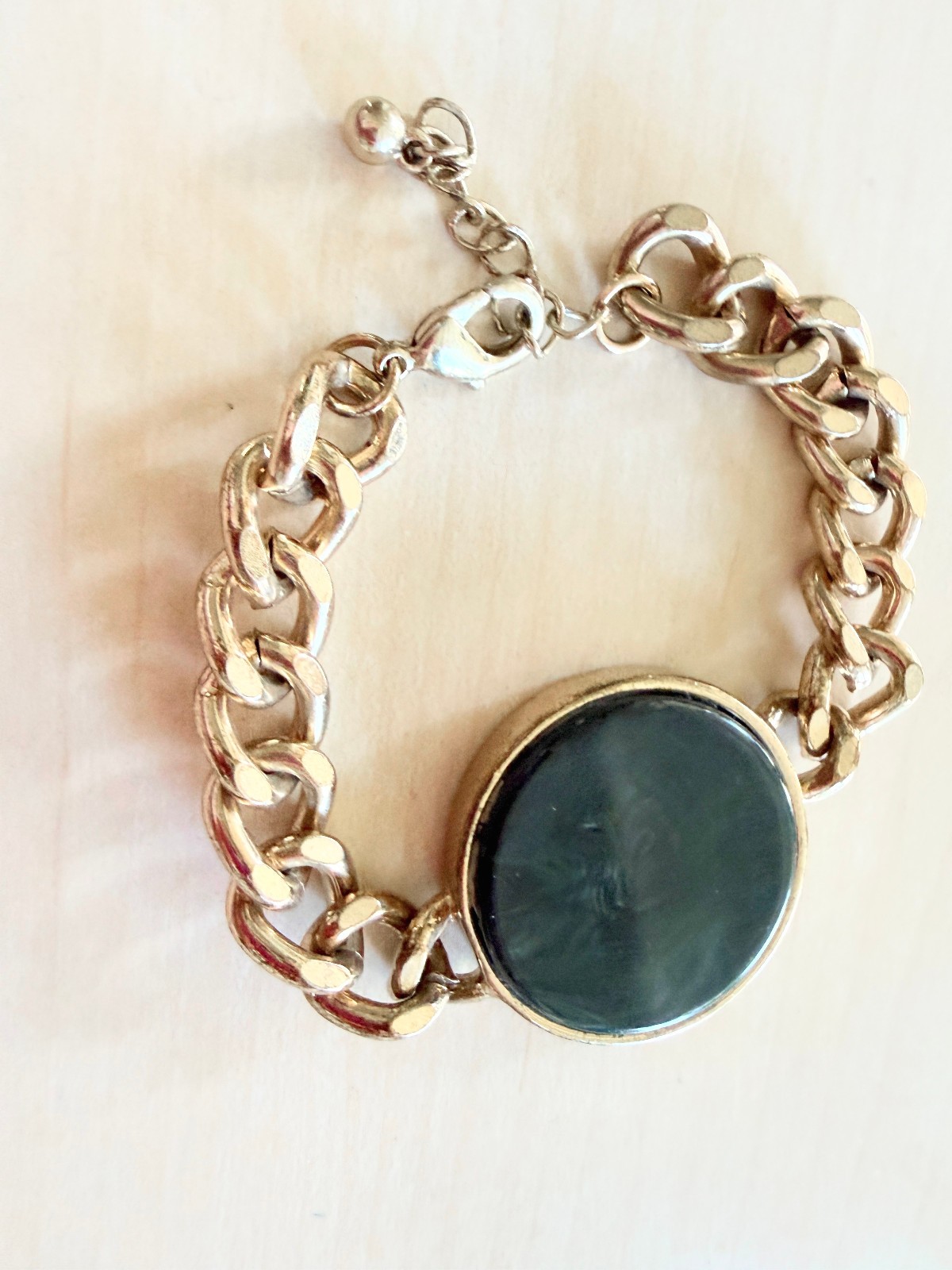 Vintage link bracelet large round bezel setting with a black stone