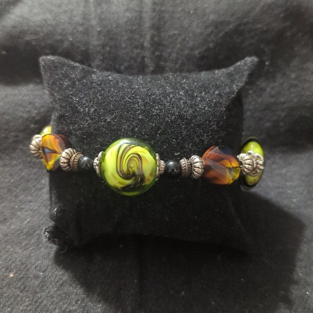 Silver Tone Black Green Orange Brown Swirl Glass Bead Statement Bracelet