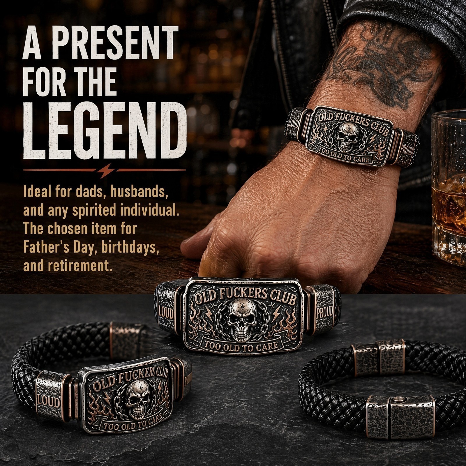 Old F-ckers Club Men’s Vintage Skull Flame Biker Braided Bracelet Gift Set Leath
