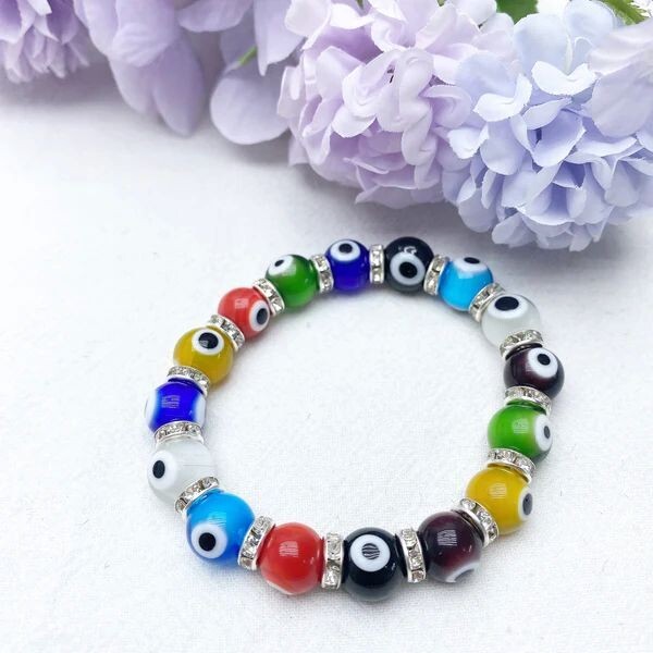 10MM Multicolor Turkish Evil Eye Crystal Glass Bead Stretch Bracelet