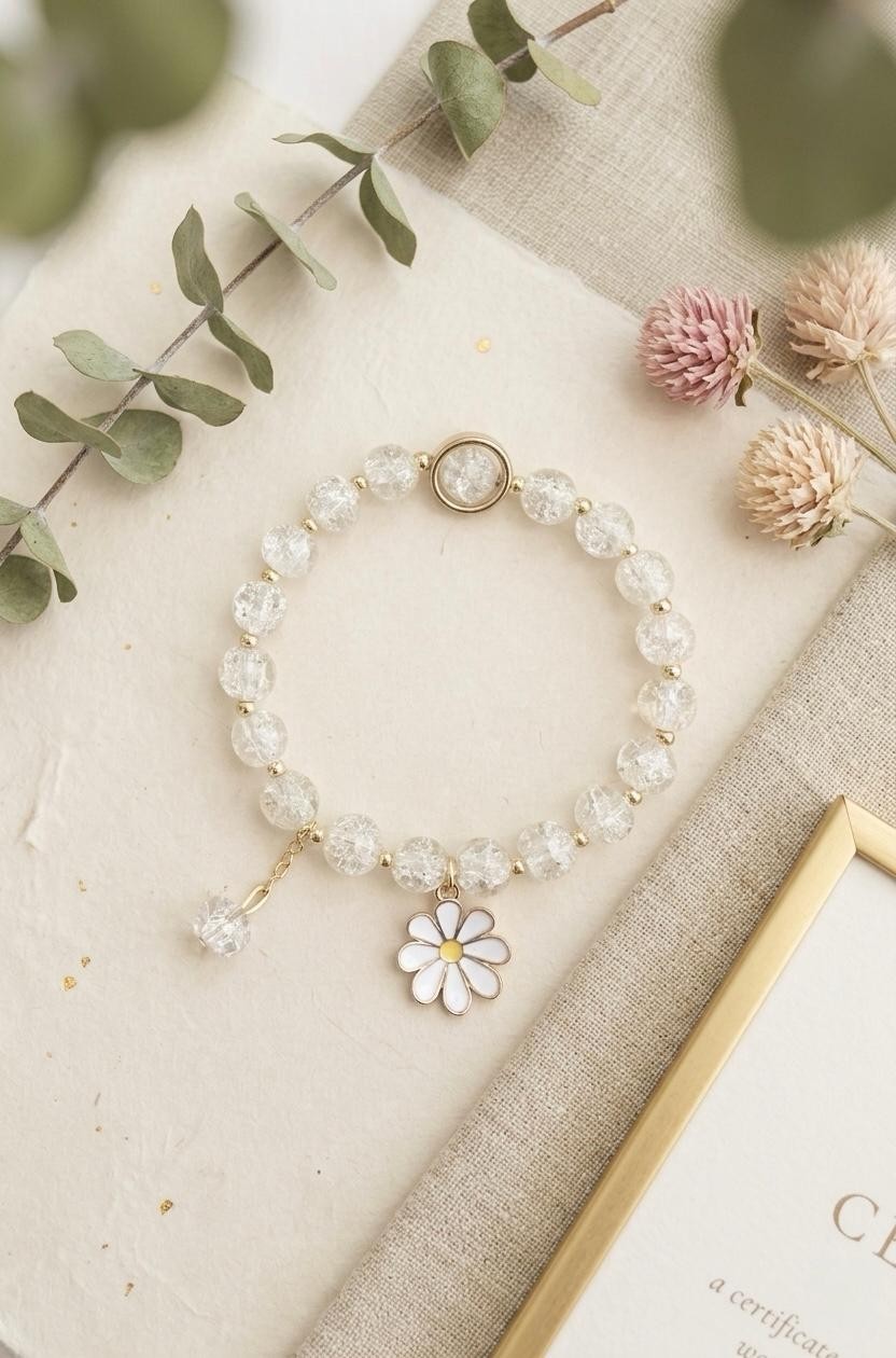 White Daisy Bracelet, Crystal Bead Bracelet, Flower Charm Bracelet, Cute Bracele