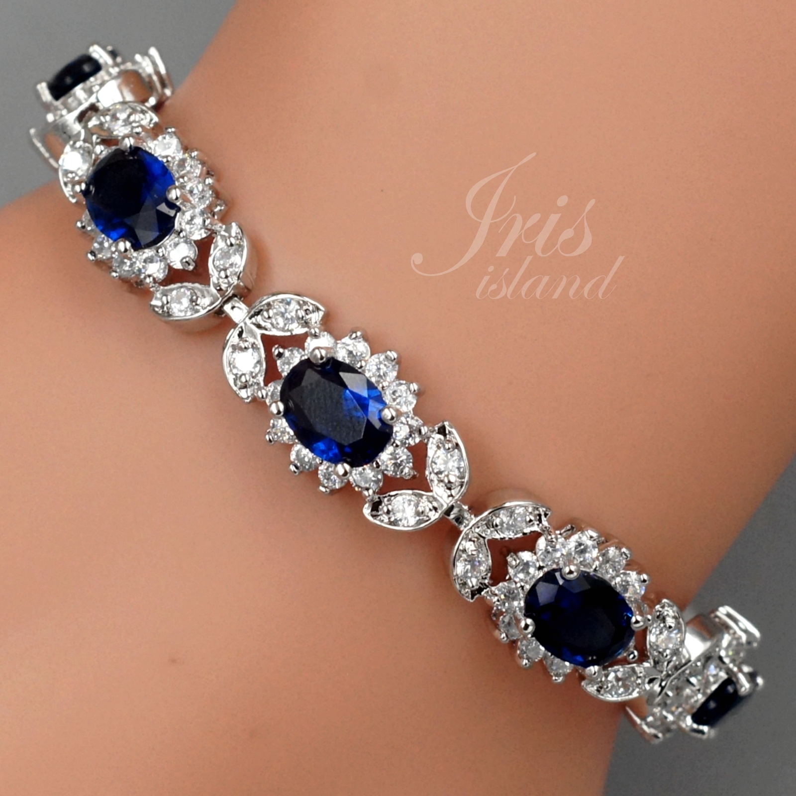 Women Blue Cubic Zirconia Tennis Bracelet White Gold Plated Elegant Jewelry 6336