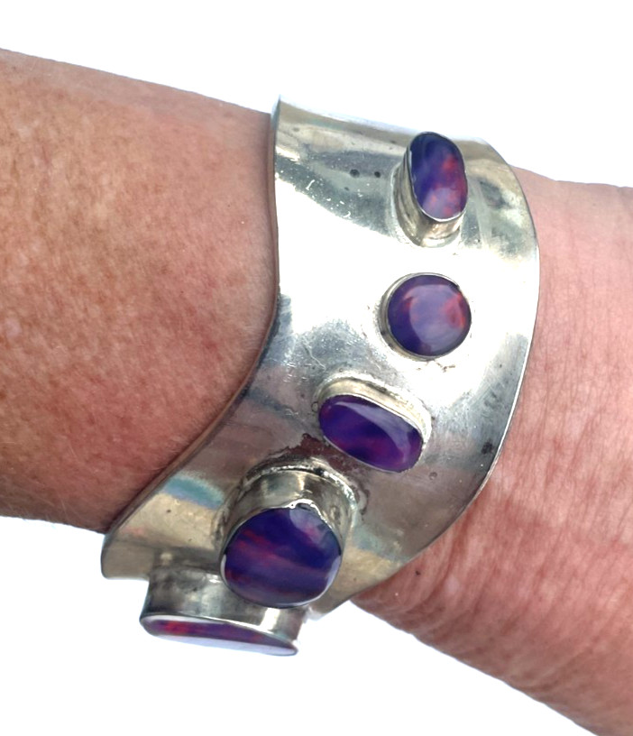 Purple Oval Cabochons Stone Adjustable Silver Tone Metal Cuff Bracelet Mexico