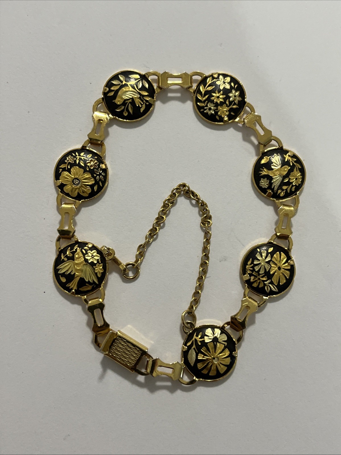 Damascene Toledo Steel Bracelet Spain Gold Bird Floral 1980 Bracelet 7” -(M)