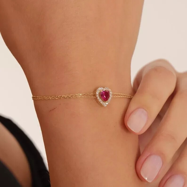 2Ct Heart Cut Simulated Pink Ruby Women’s Halo Bracelet 14K Yellow Gold Plated