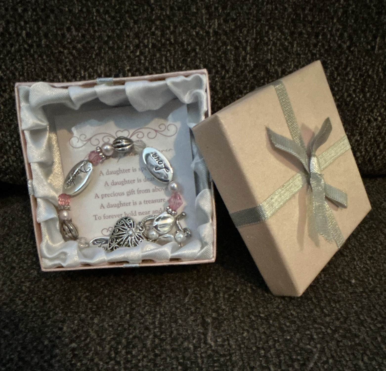 Daughter Silver Tone Pink & White Crystal Beaded Charm Bracelet