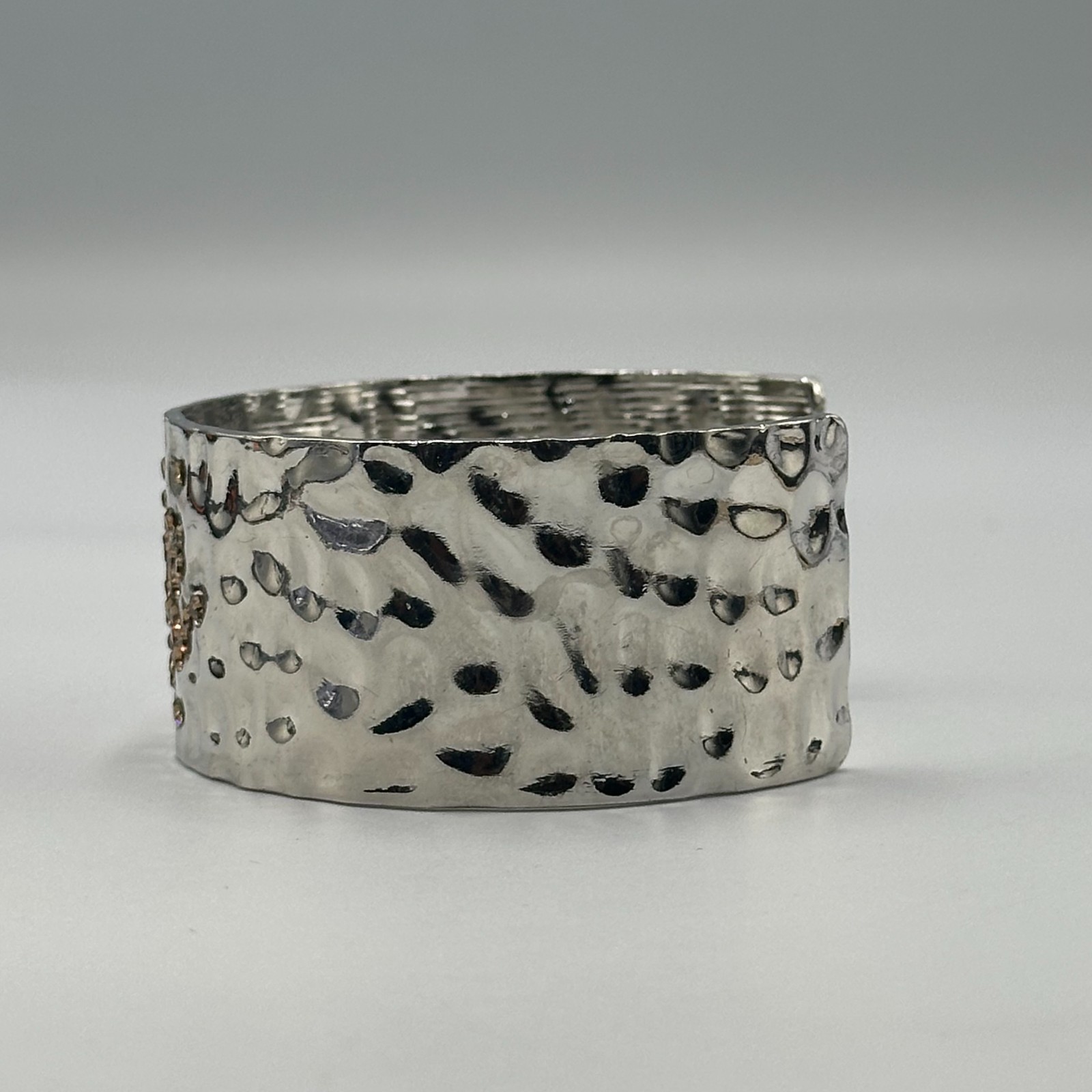 Cuff Bracelet Silver Tone Hammered Metal Brown Rhinestone Cluster