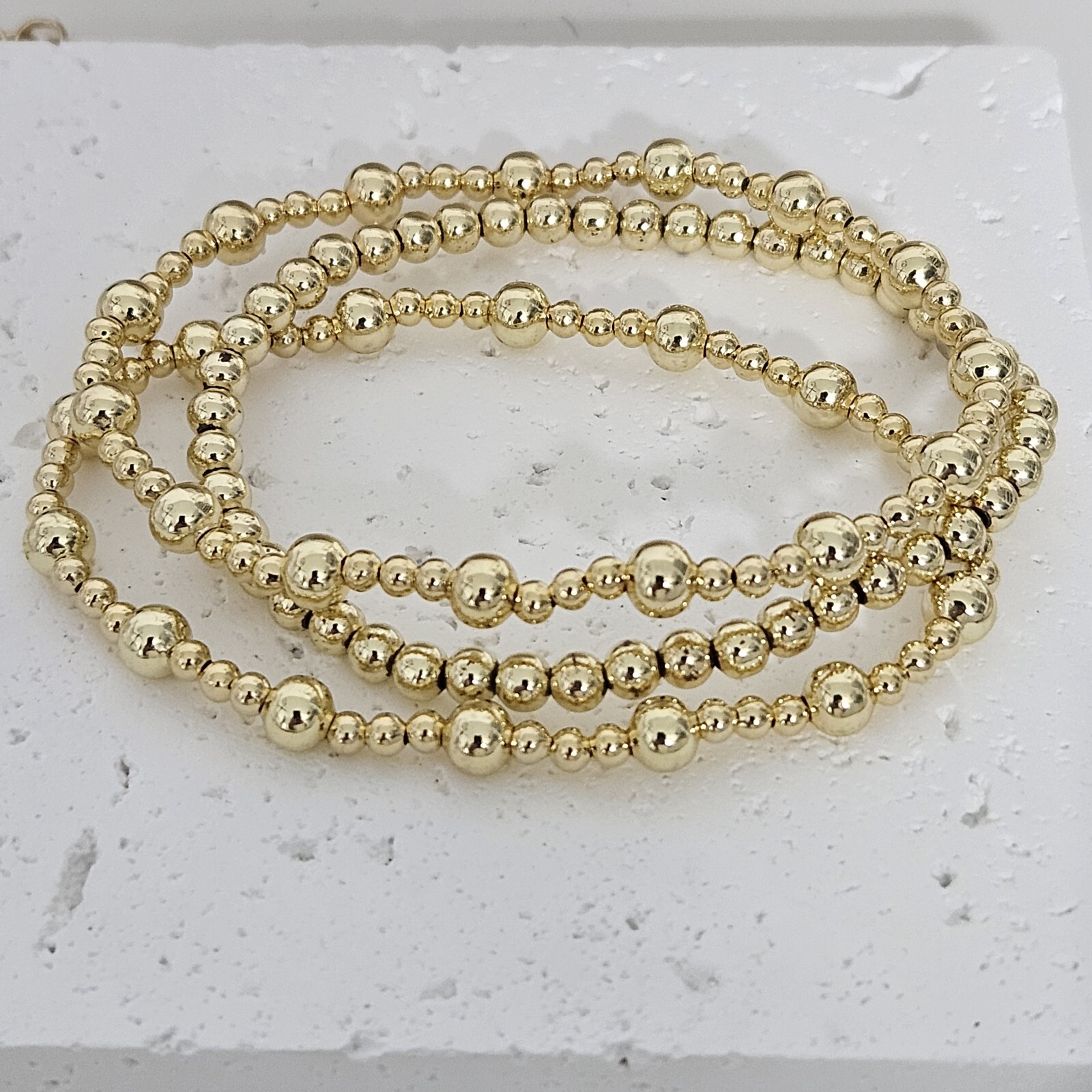 3 Piece 18k Gold Filled Elastic beaded bracelet Gold Ball bracelet