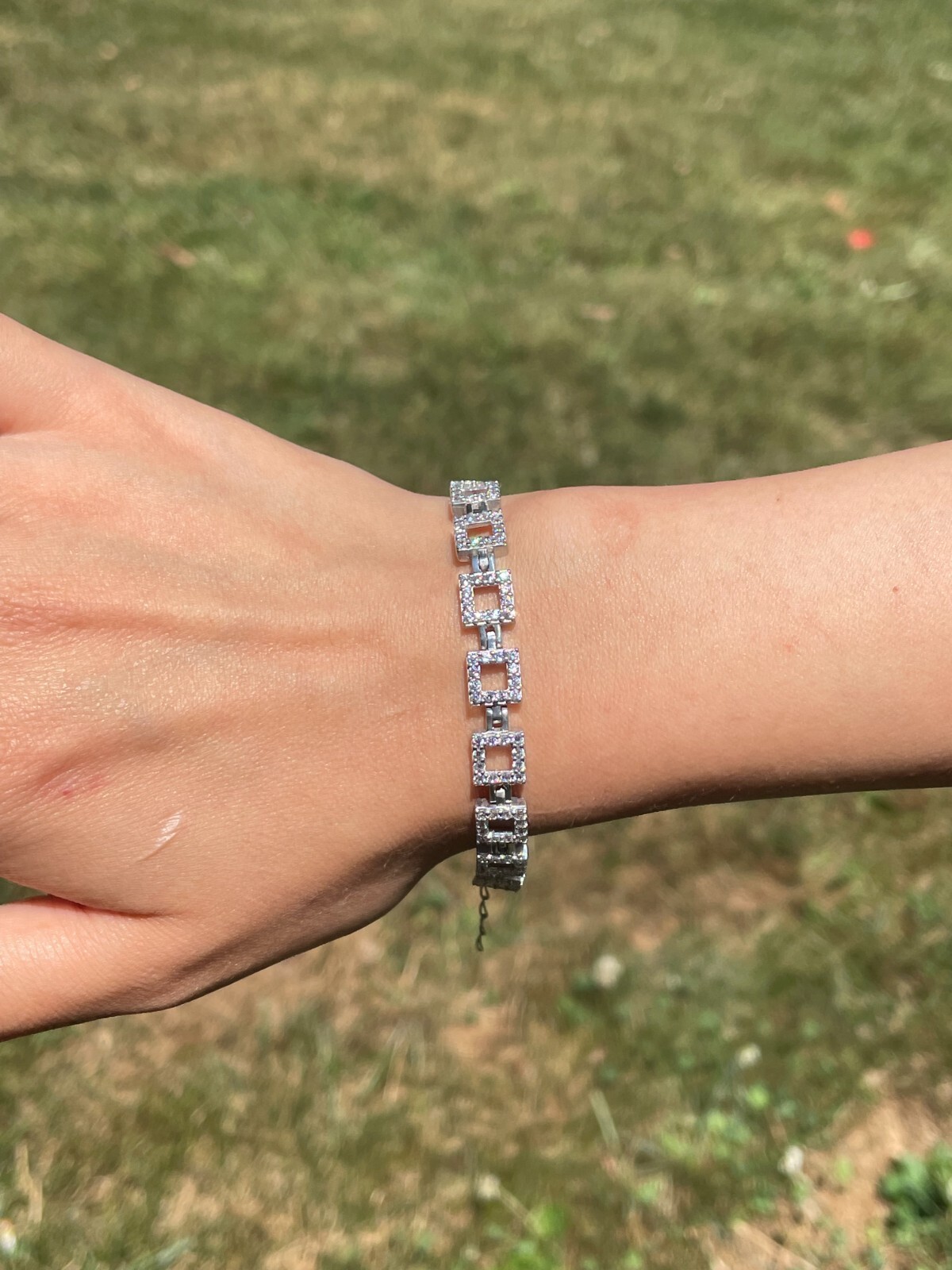 Ladies Iced CZ Tight Square Custom Bracelet Adjustable Solid 925 Sterling Silver