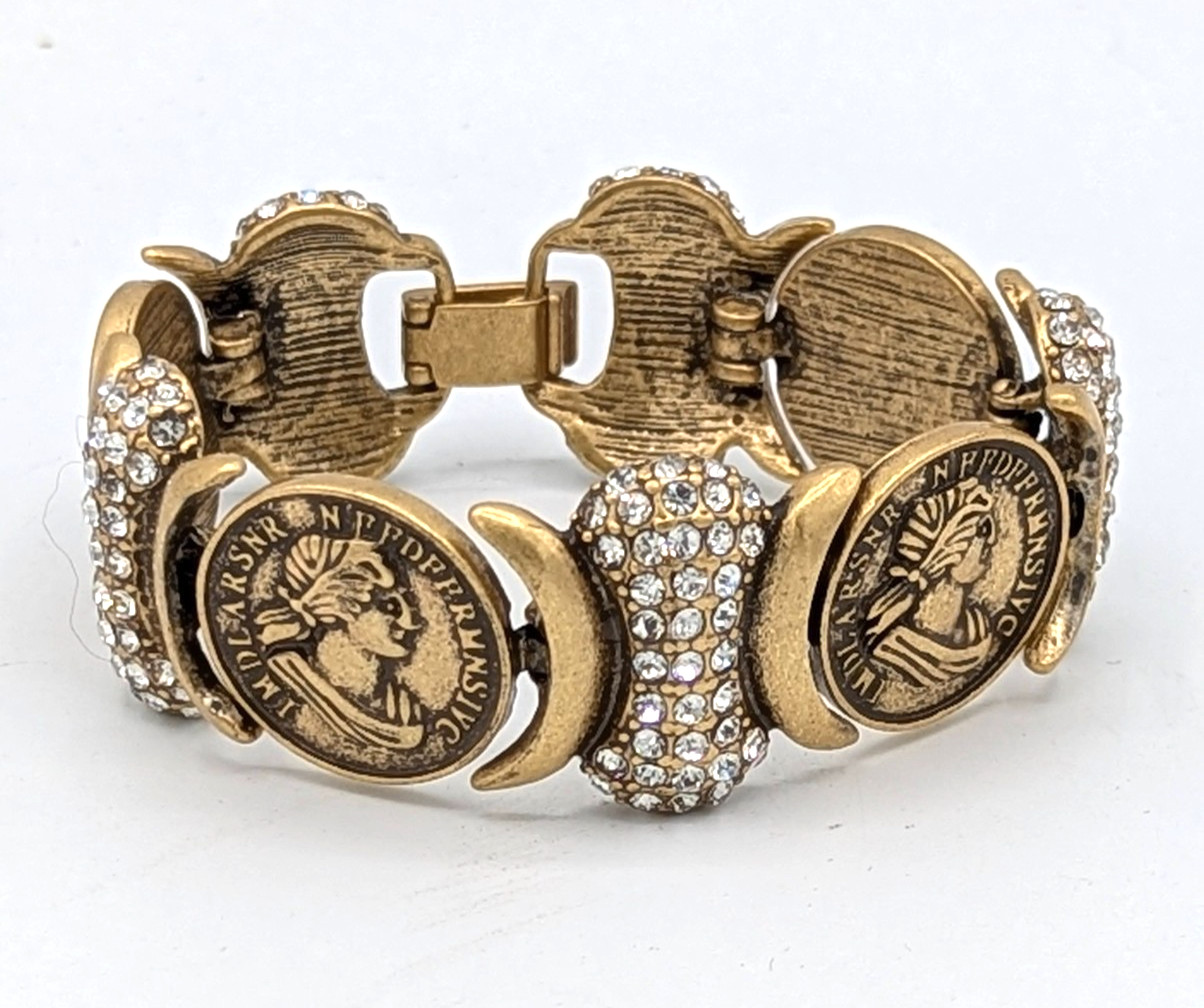 Greek Roman Emperor Faux Coin Bracelet Antique Gold Tone panel link Rhinestone