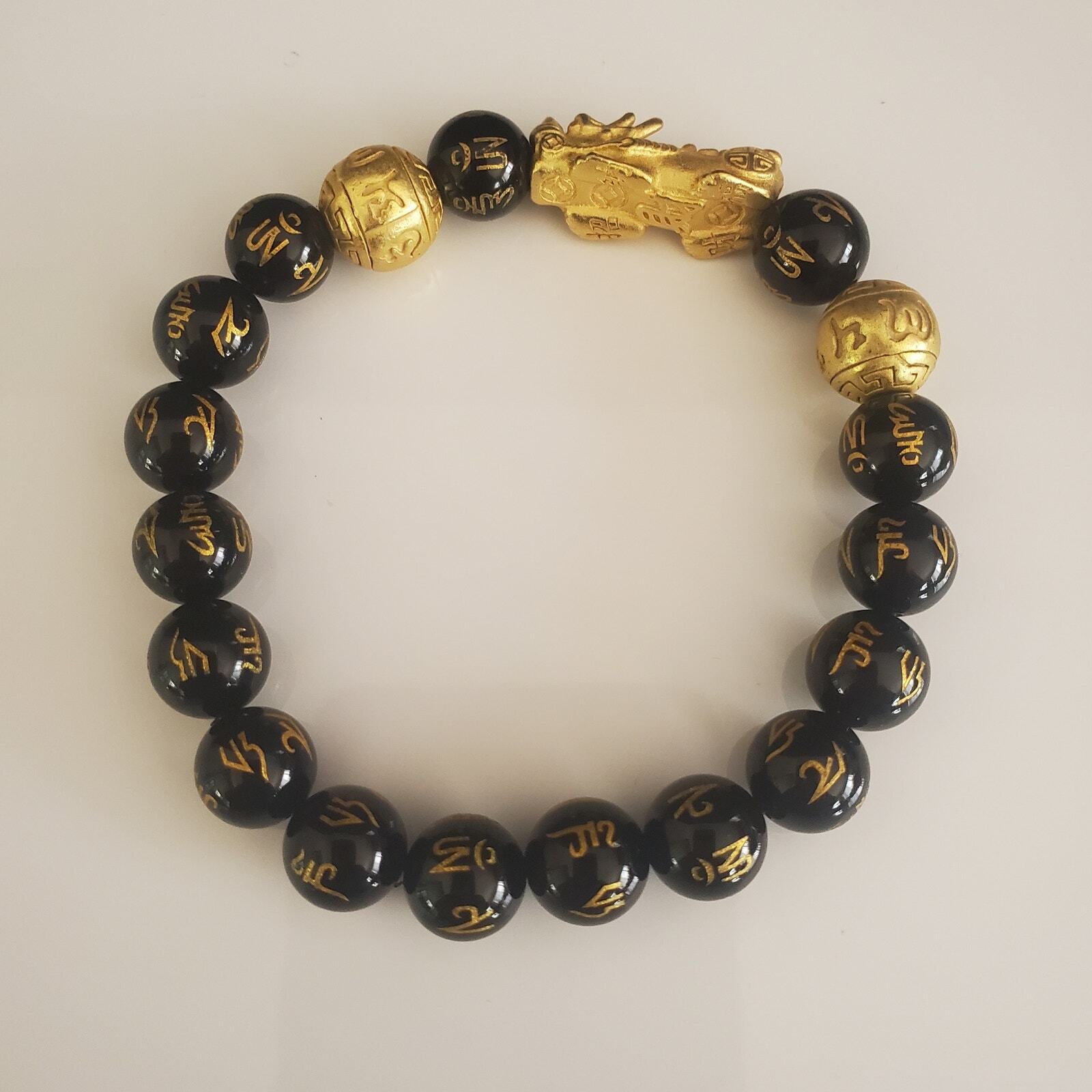 Chinese Piyao Feng Shui Dragon Pixiu Obsidian Black Beads Charm Bracelet Wealth