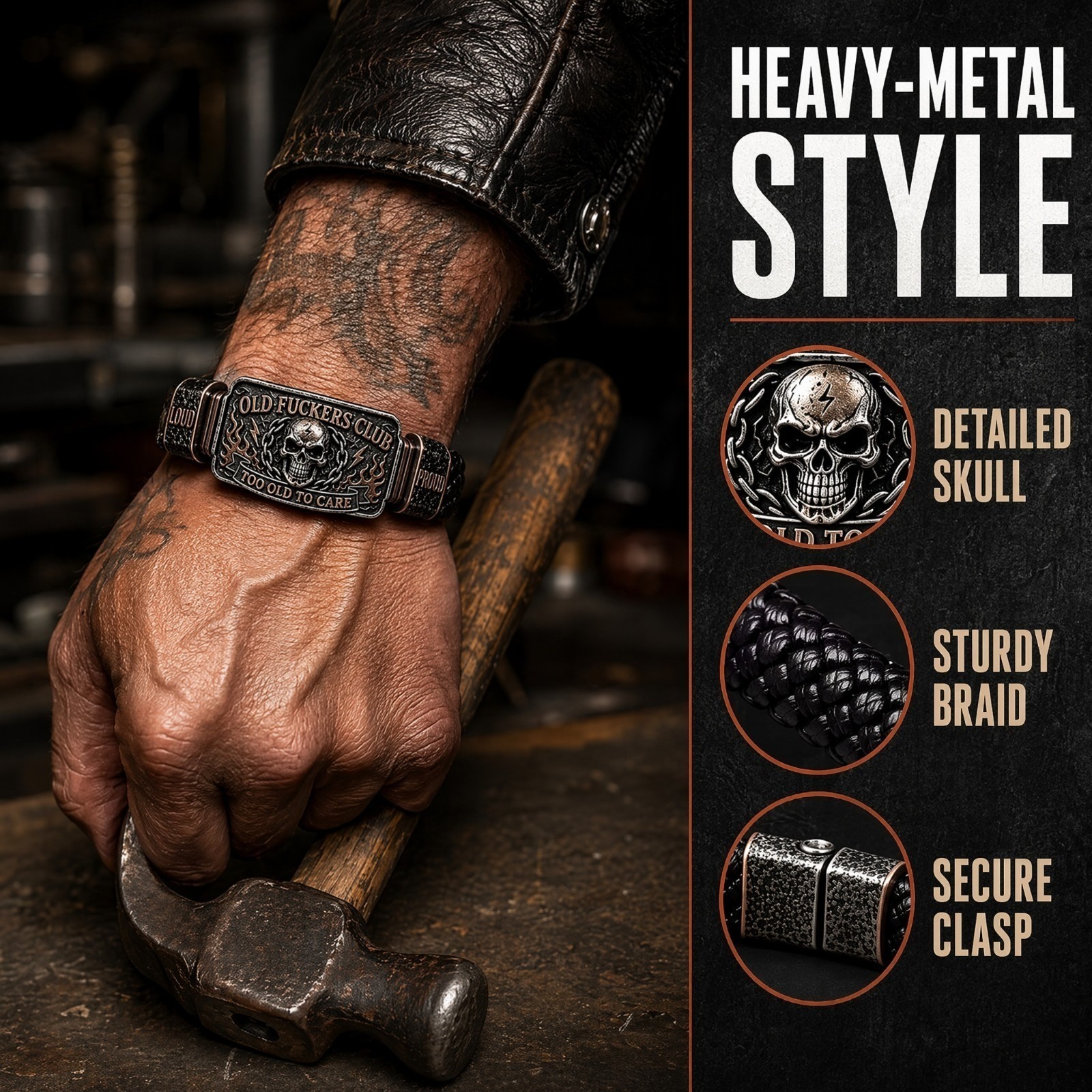 Old F-ckers Club Men’s Vintage Skull Flame Biker Braided Bracelet Gift Set Leath
