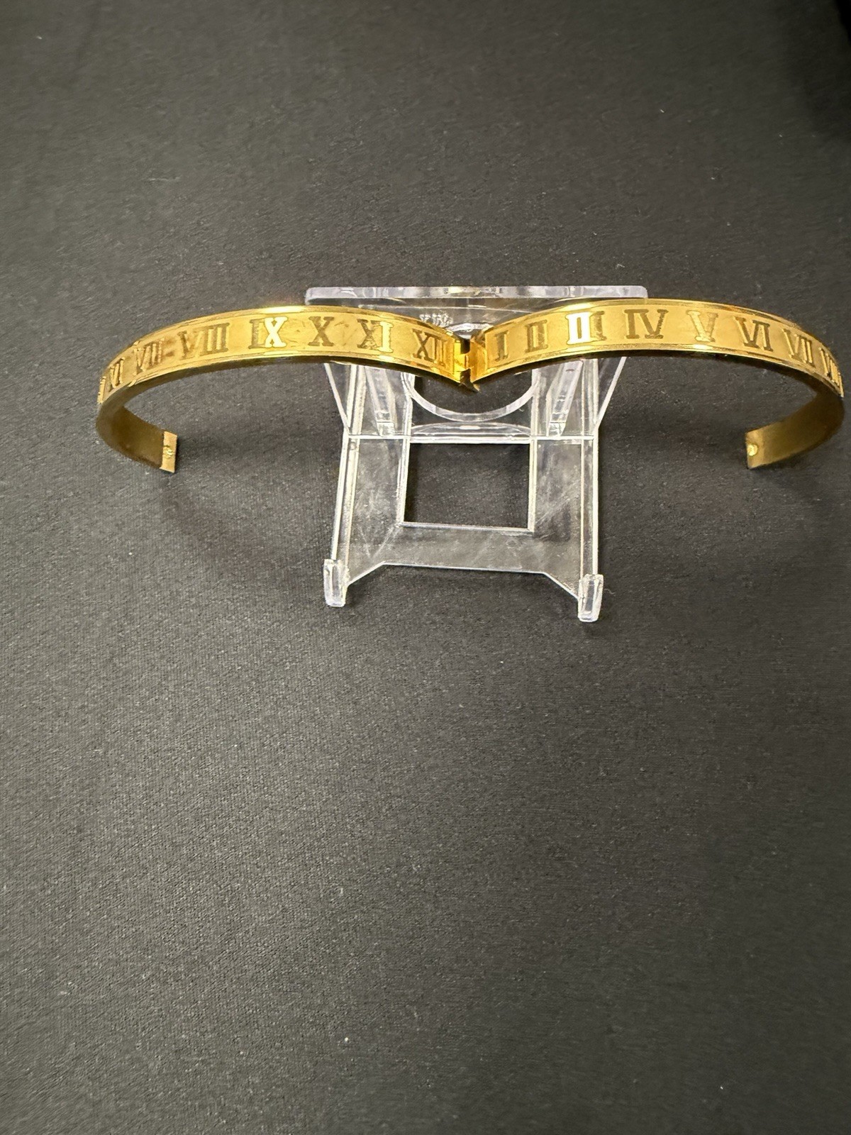 Gold Tone Engraved Roman Numeral Cuff Bangle Bracelet, Metal, Sizable