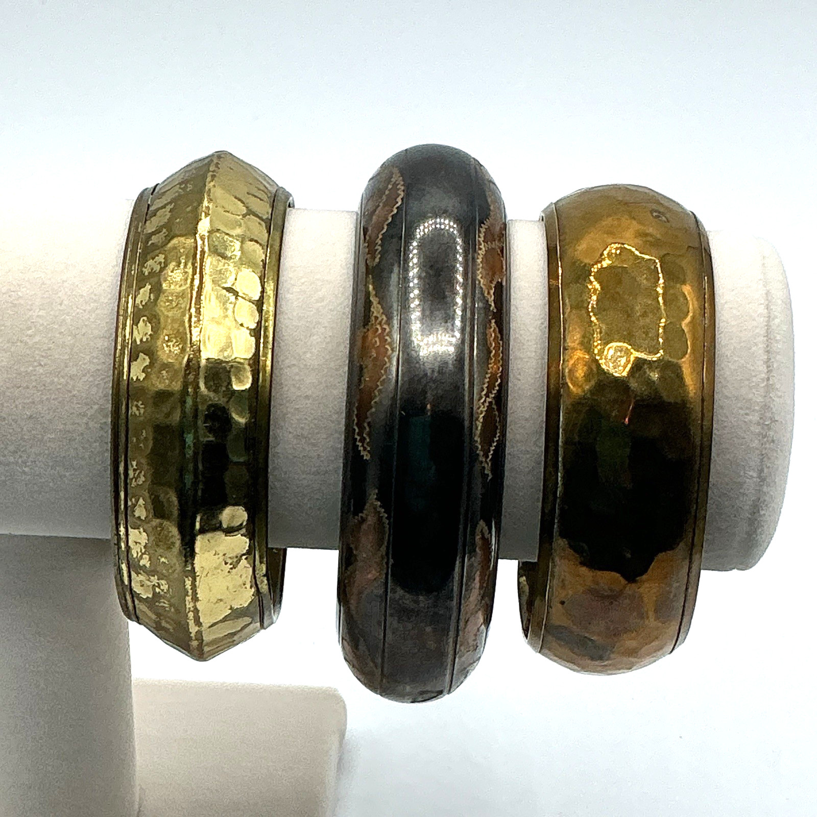 Lot of 3 Brass & Brass Plated Bangle Bracelets Hammered Copper Accents