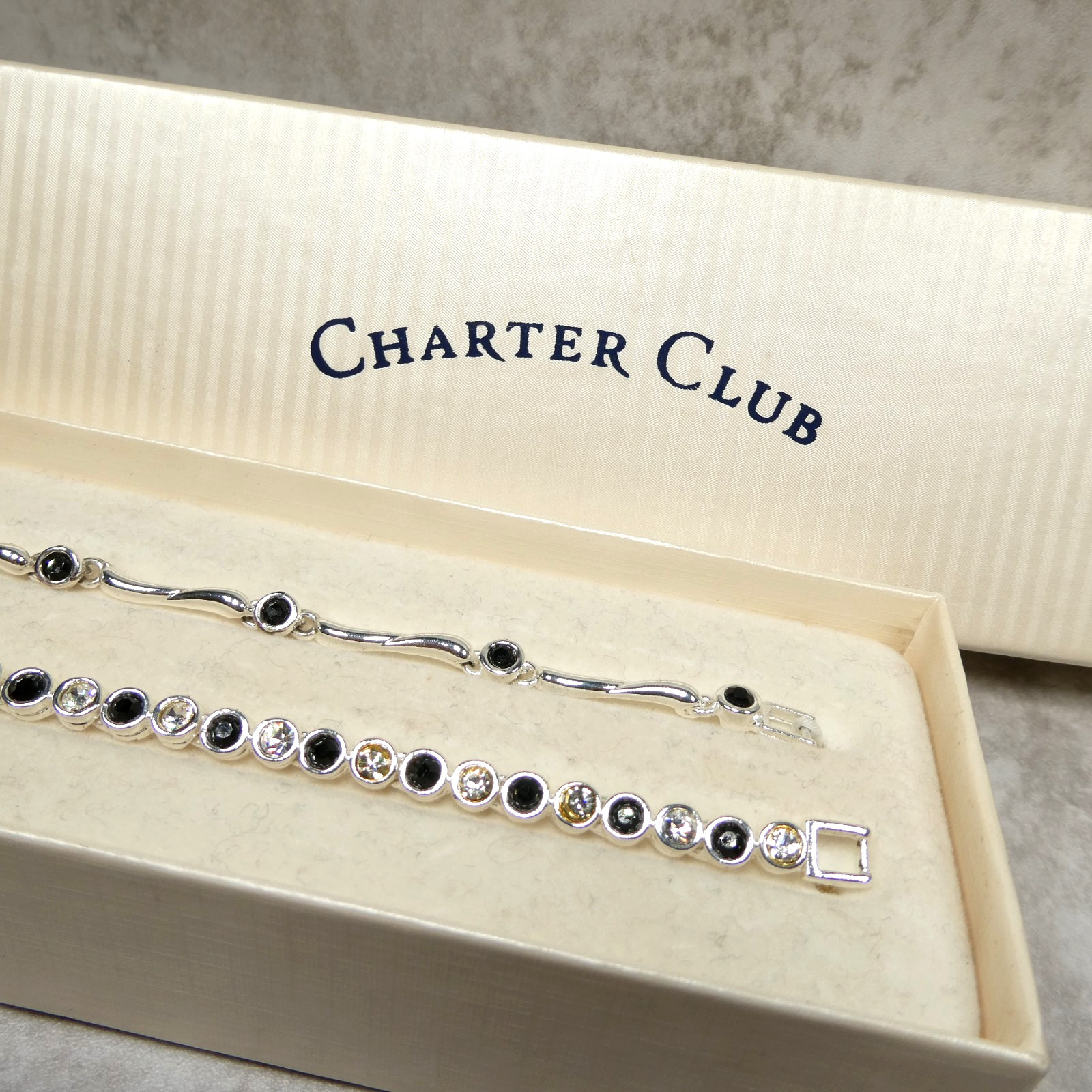 Charter Club Silver Black Metal Crystal 7″ Two-Piece Bracelet Set