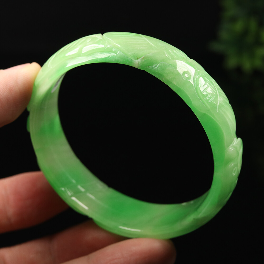 59mm Emerald Green Burma Jadeite Jade Bracelet Bangle Dragon Phoenix A-12241