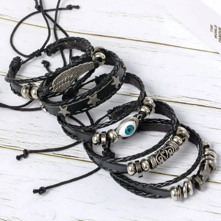 5PCS Punk Leather Bracelet Set Evil Eye Wing Star Beaded Bracelets NEW