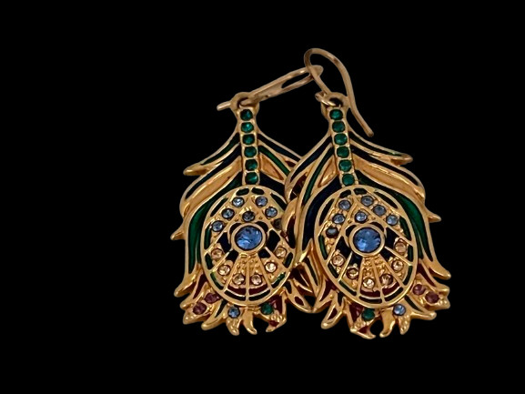 Peacock Feather Set , 18K Gold Overlay Czech and Austrian Crystals, MMA