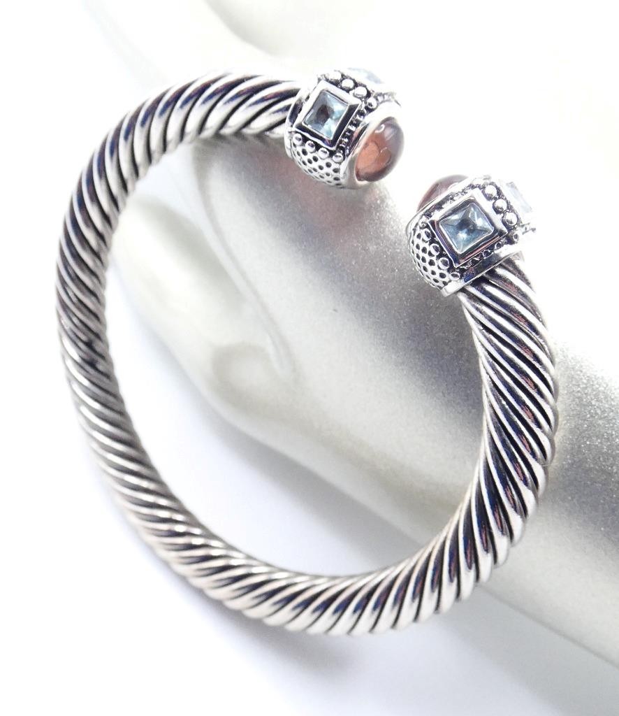 UNIQUE Light Purple Blue Crystals Dots Texture End Tips Silver Twisting Bracelet