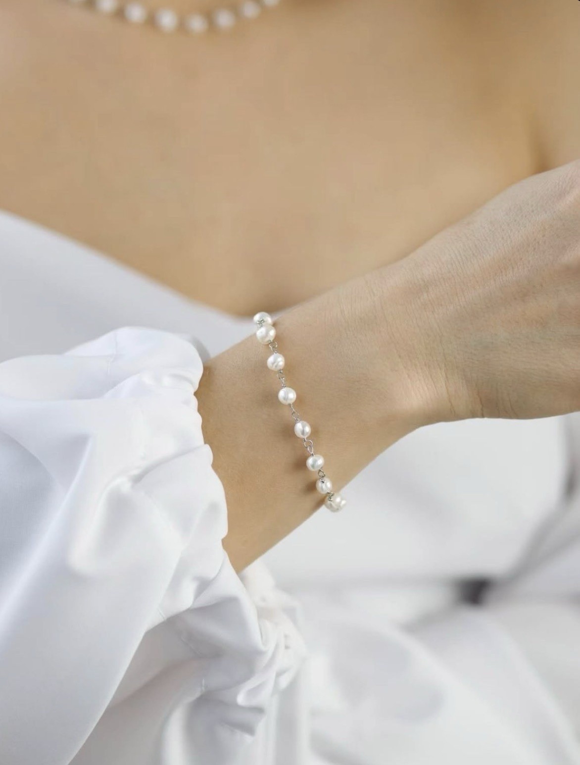 White Round Imitation Pearl Faux Pearl Beaded Bracelet, White Beads