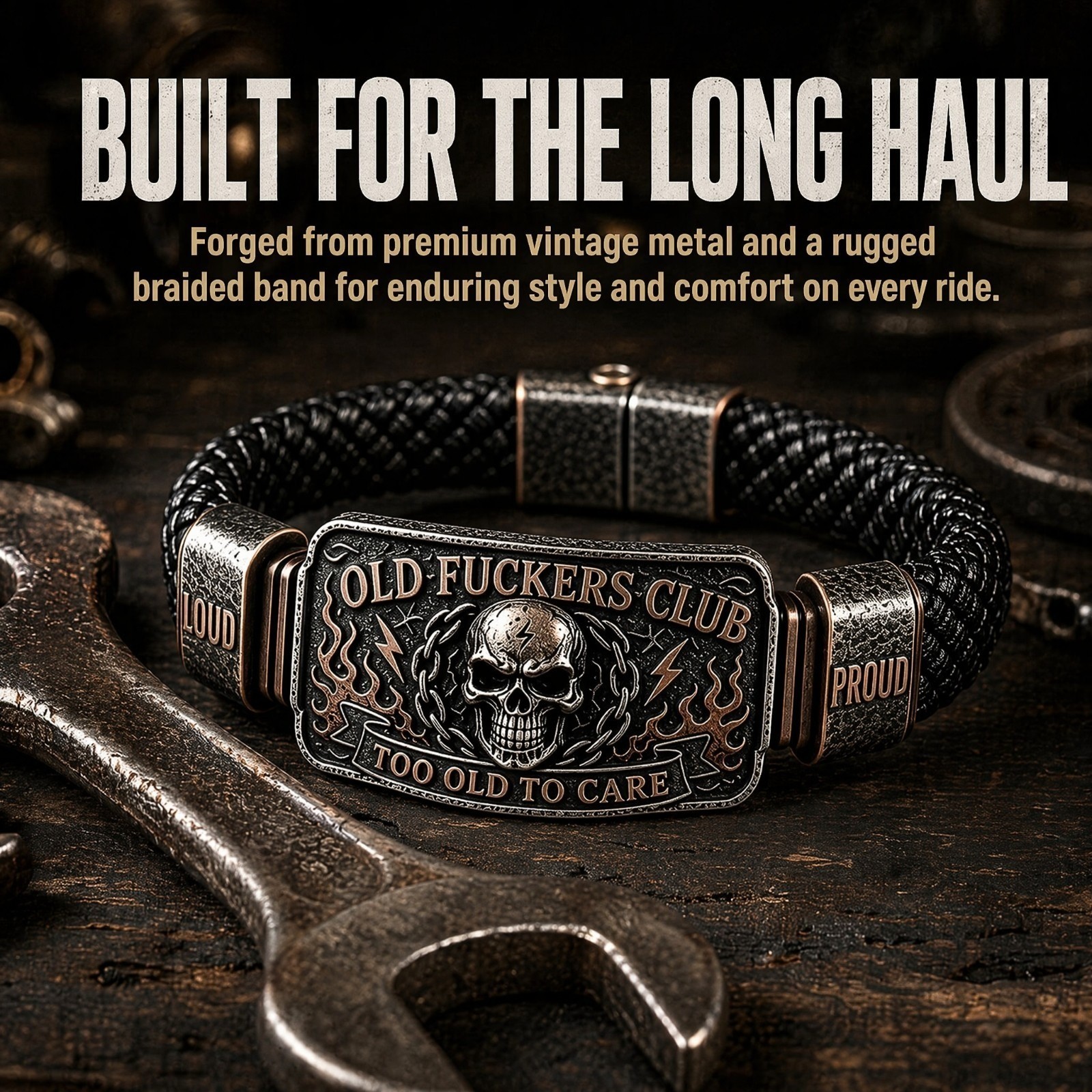 Old F-ckers Club Men’s Vintage Skull Flame Biker Braided Bracelet Gift Set Leath