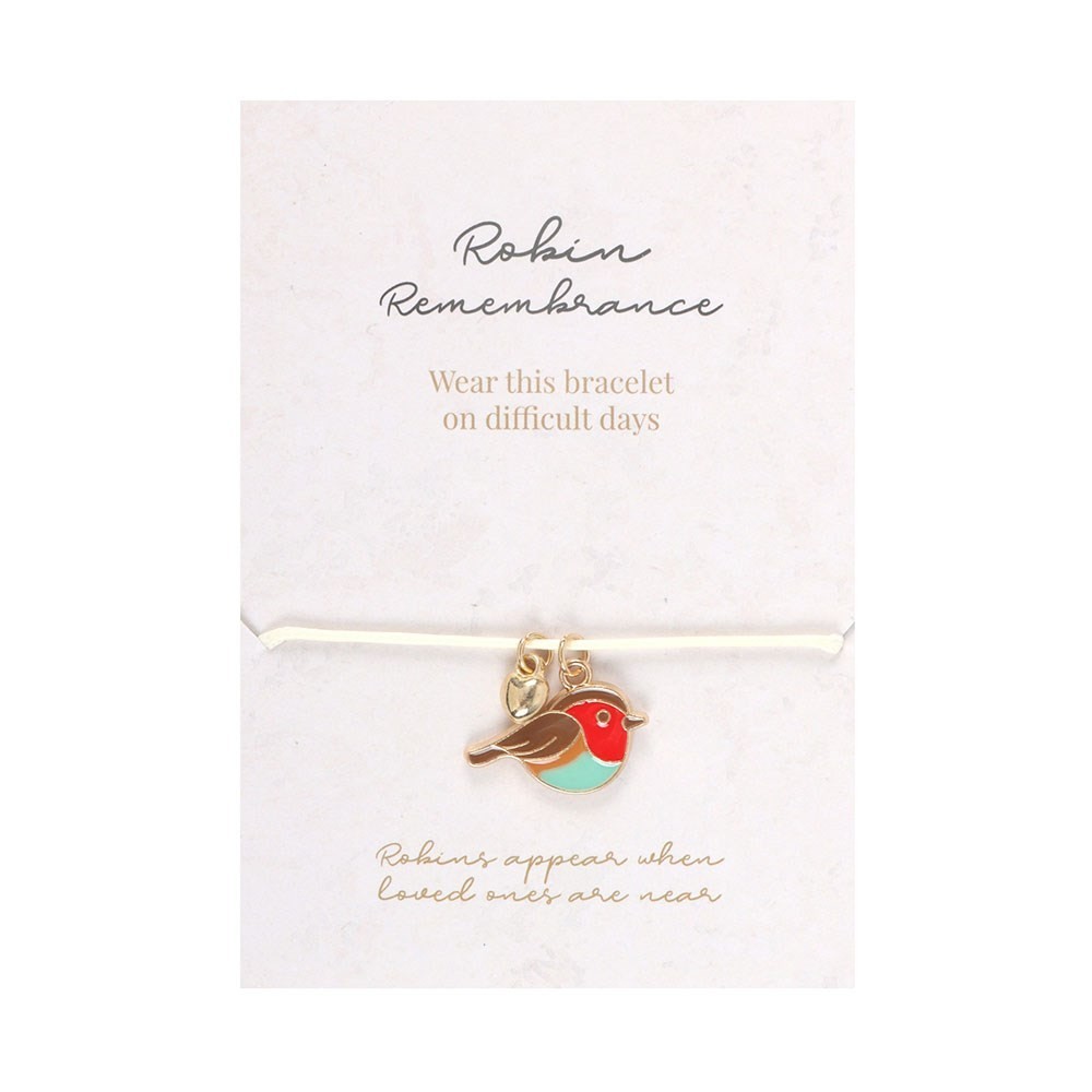 Memorial Rememberance Enamel Robin & Heart Cord Adjustable Bracelet & Envelope
