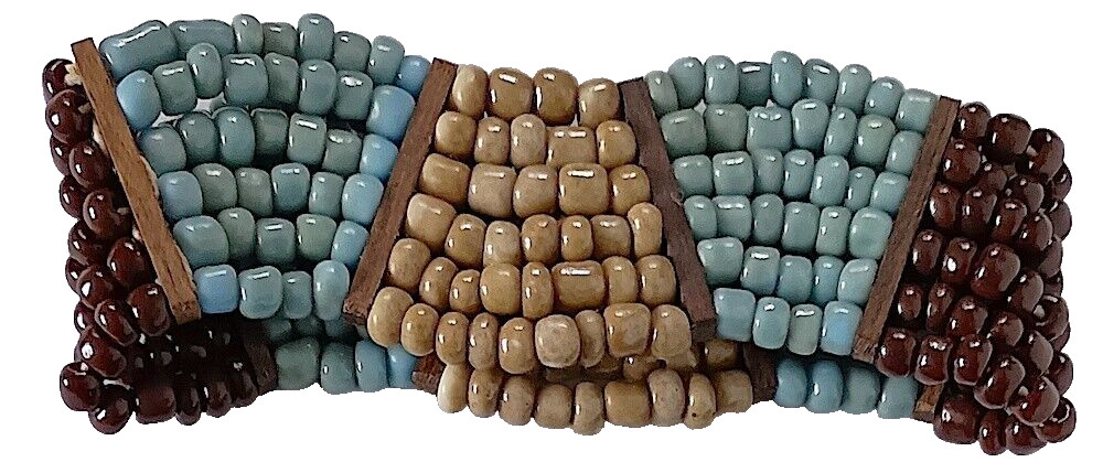 Elastic Bracelet, Blue, Tan, Brown, Glass & Wood Beaded Stretch, 6.5 to 8″