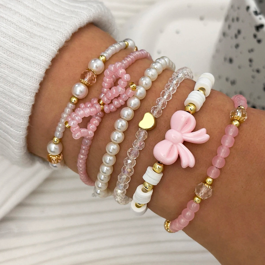 6Pcs Pearl Bow Heart Beaded Bracelet Set Cute Sweet Jewelry for Women