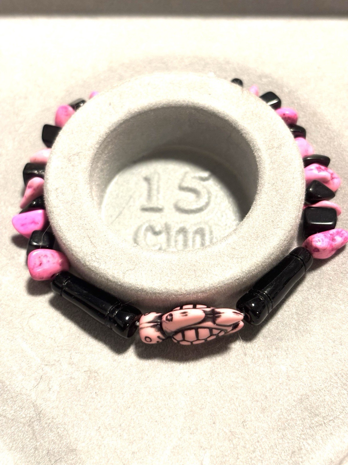 Pink & Black Chip Beaded Bracelet with Turtle Dangle Charm 15 cm Lobster Clasp