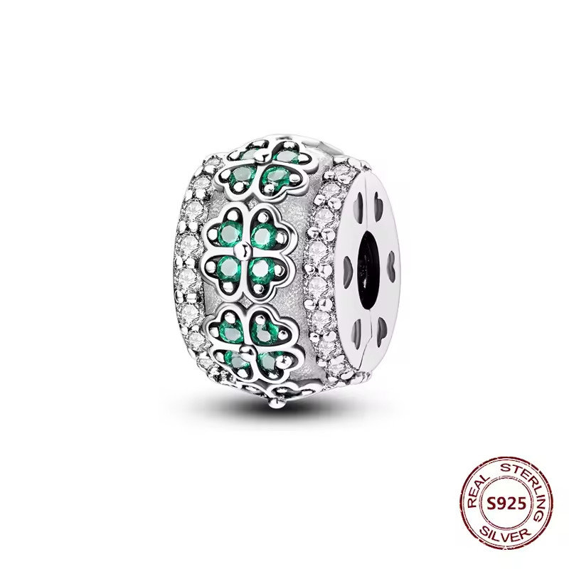 CZ SHAMROCK LUCKY 4 LEAF CLOVER STERLING SILVER STOPPER CLIP BRACELET CHARM BEAD