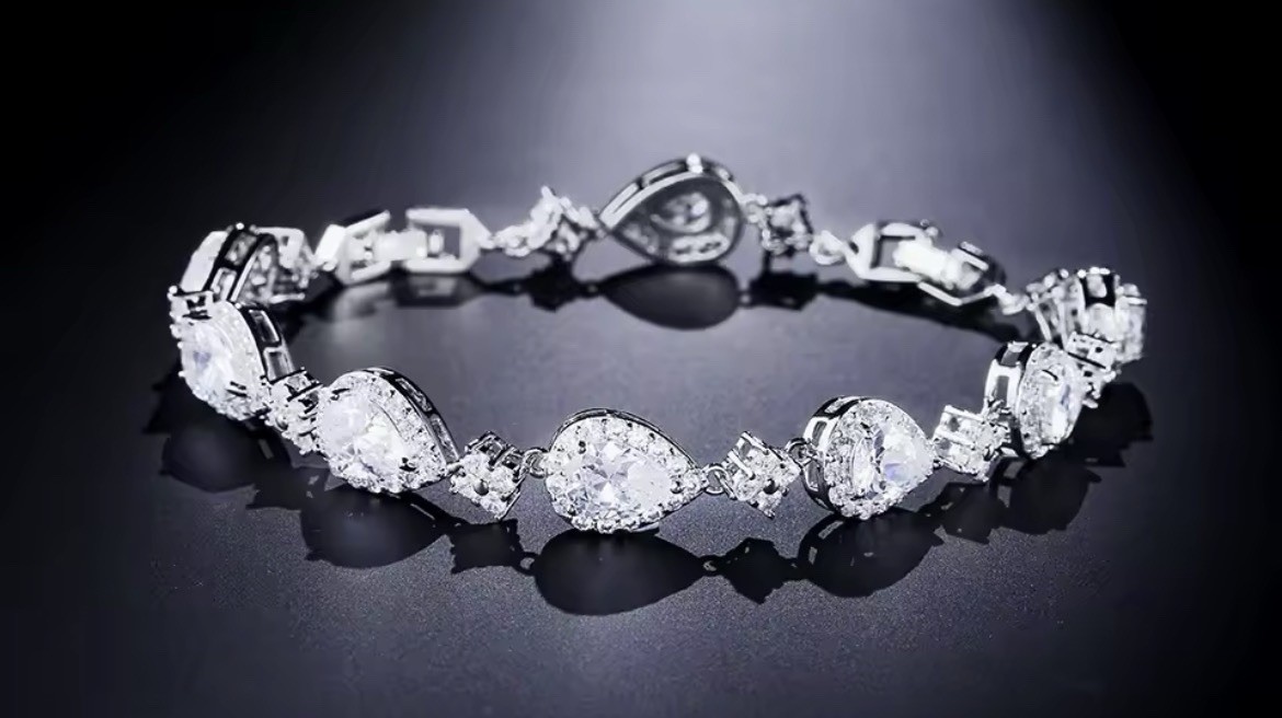 Silver-Tone Pear Teardrop White Simulated CZ Halo Tennis Link Bracelet
