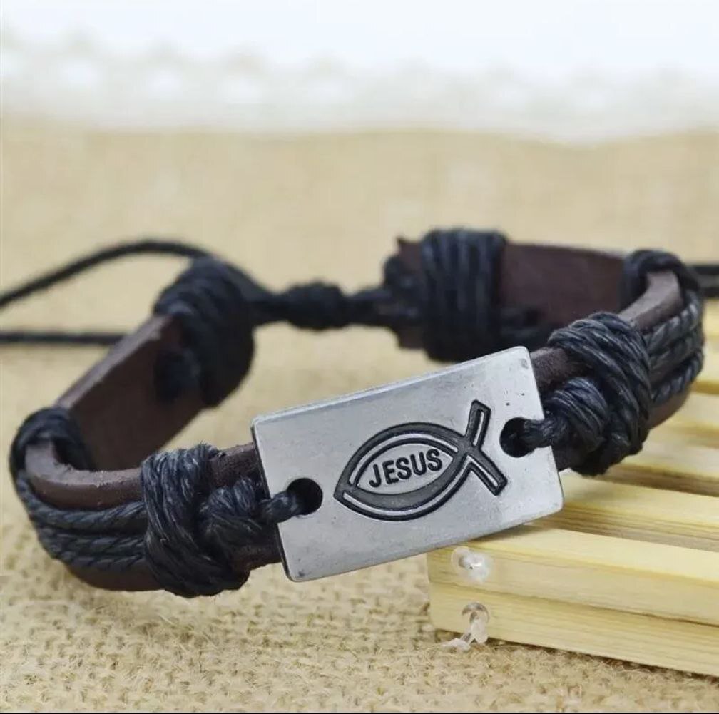 New 1PC Punk Style Leather Bracelets Charm Love Jesus Braided Rope Unisex Bangle