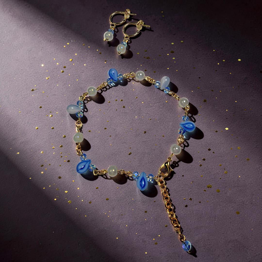 Blue Czech Glass Jewelry Set: Hoop Earrings, Bracelet, Gold Plated
