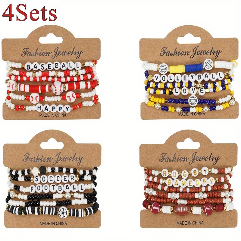 4Sets 24Pcs Sports Game Day Heishi Bead Bracelets Stack Stretch Bracelets