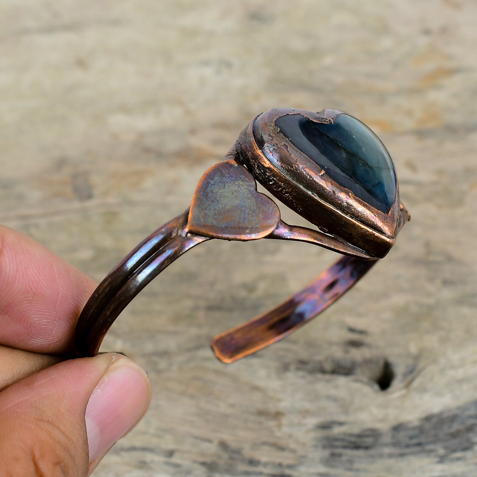Gift For Women Jewelry Electroformed Heart Adjustable Bangle Copper Labradorite