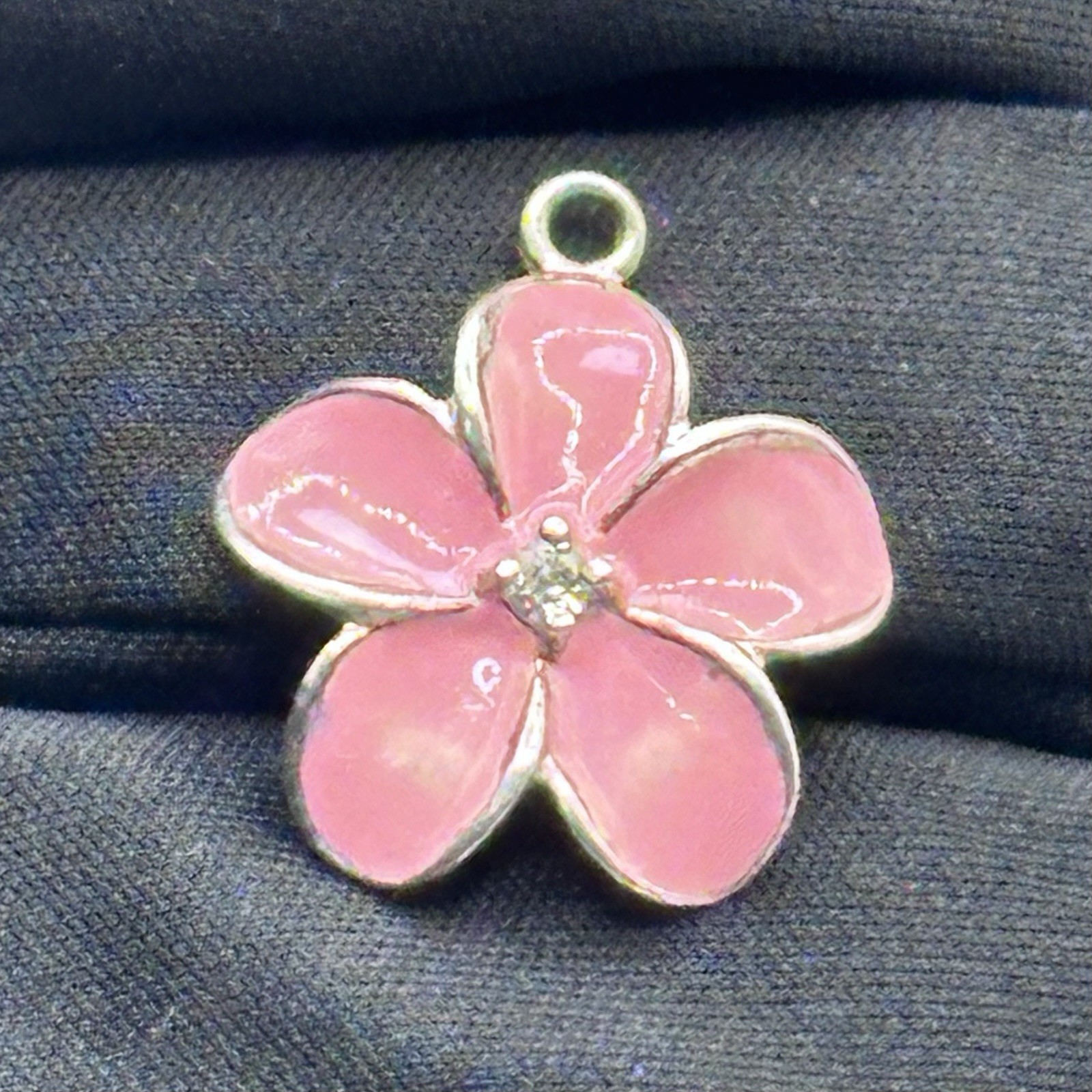 Sterling Silver 925 Pink Enamel Flower CZ Charm Dainty Signed Marked 0.75”