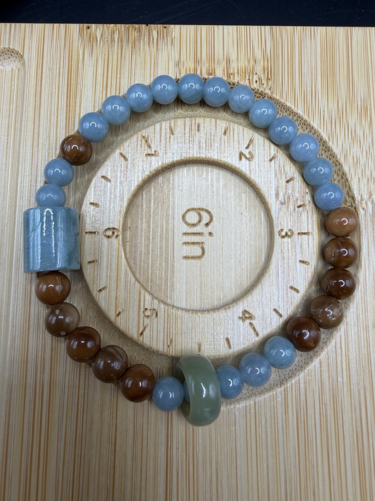 Blue Water Jade Beaded Bracelet – Design with Donut-Shaped, Barrel Charms