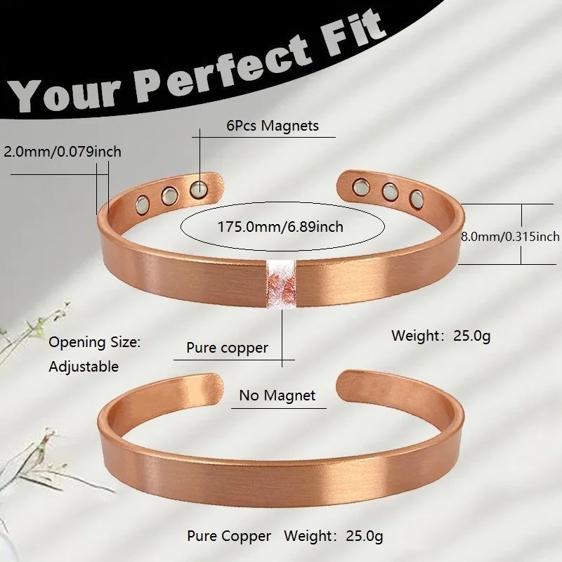 Pure Copper Magnetic Flat Bracelet Arthritis Pain Therapy Men Women Cuff